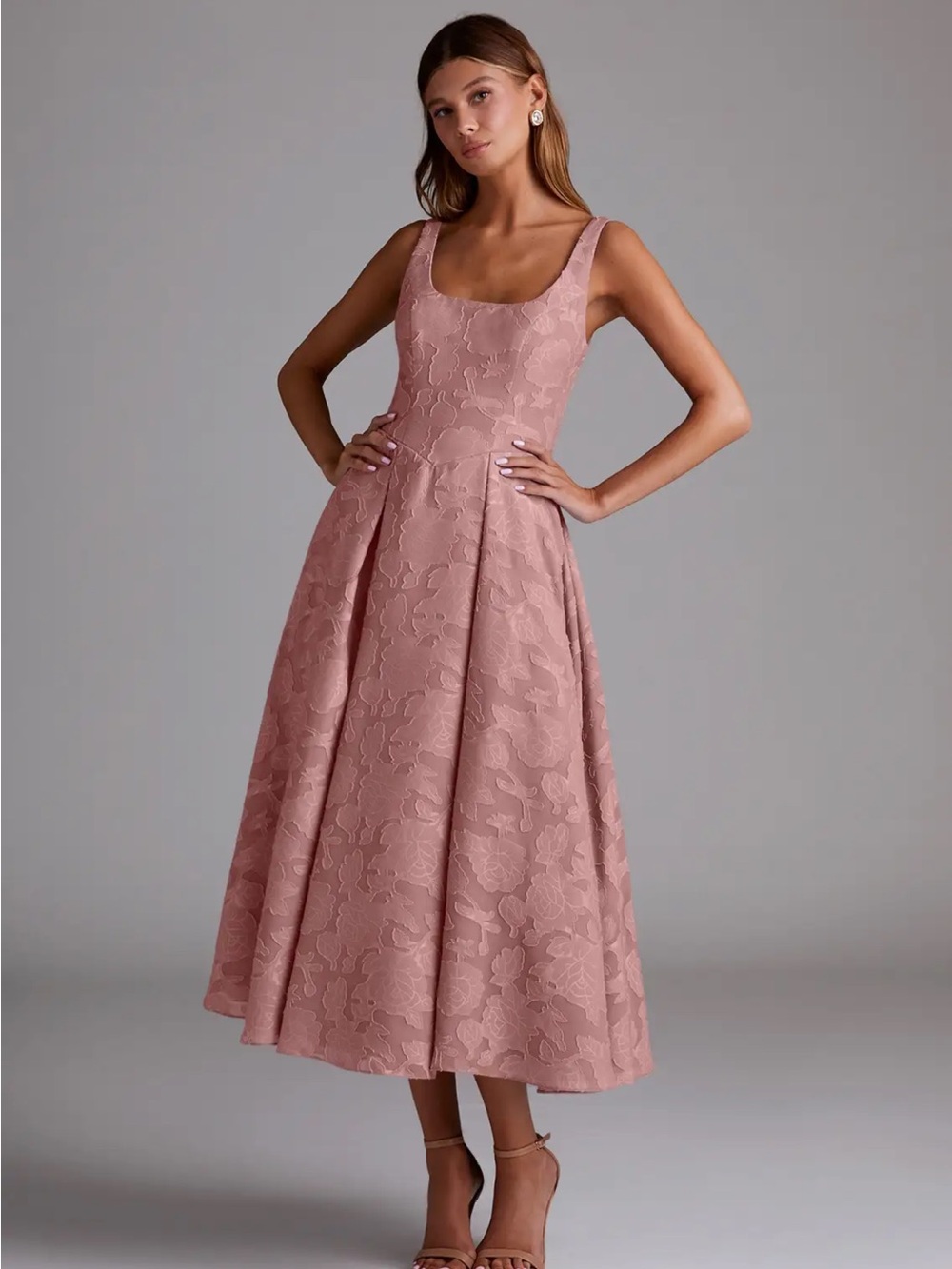 Rosette A-Line Pleated Floral Burnout Dress